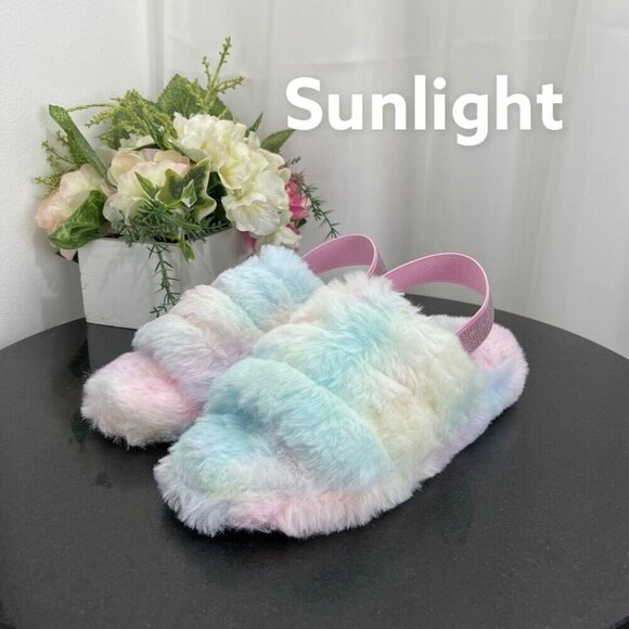 Fashion Shoes - Fashion TOP MODA Women’s Pink Tye Dye Fuzzy Faux Fur Slingback Slippers SZ 7